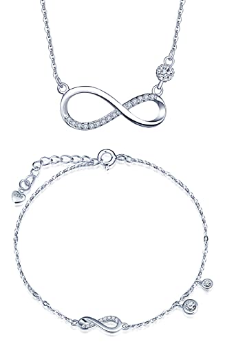 CPSLOVE Halskette und Armbänder für Damen Mädchen, 925 Silber Schmuck-Sets, Unendlichkeits symbol Ketten Anhänger, Einfaches Verstellbares Armband, Eingelegter Zirkon von CPSLOVE