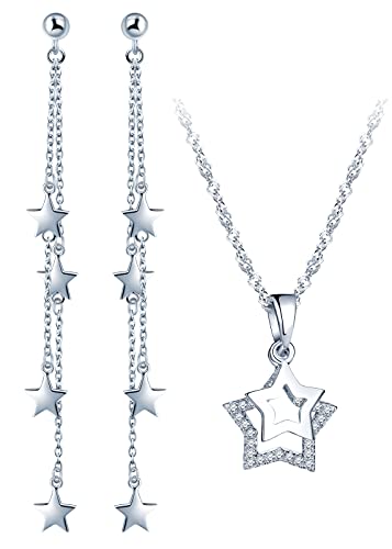 CPSLOVE Halskette und Ohrringe Sterne für Damen Mädchen, 925 Silber Schmuck-Sets, Elegante Stern Ketten Anhänger, Sterne Quaste Ohrringe, Eingelegter Zirkon von CPSLOVE