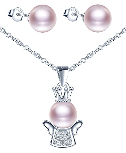 CPSLOVE Kleine Engel Perlen Halskette Anhänger und Ohrringe für Damen mädchen, 925 Silber Schmuck-Sets, Rosa Perle Ketten, Rosa Perlen Ohrringe, Eingelegter Zirkon von CPSLOVE