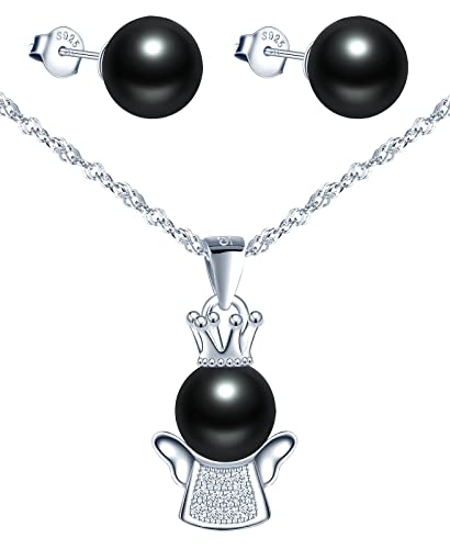CPSLOVE Kleine Engel Perlen Halskette Anhänger und Ohrringe für Damen mädchen, 925 Silber Schmuck-Sets, Schwarz Perle Ketten, Schwarz Perlen Ohrringe, Eingelegter Zirkon von CPSLOVE
