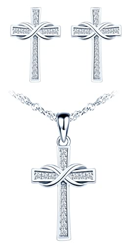 CPSLOVE Kreuz Halskette Ketten Ohrringe für Damen mädchen, 925 Silber Schmuck-Sets, Kreuz - Unendlichkeitssymbol Halskette Anhänger, Kreuz Ohrringe, Eingelegter Zirkon, silber von CPSLOVE