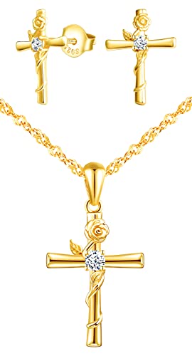 CPSLOVE Kreuz Halskette Ketten Ohrringe für Damen mädchen, 925 Silber Schmuck-Sets, Kreuz eingelegte rosen Halskette Anhänger, Kreuz-rosen Ohrringe, Zirkon, gold von CPSLOVE