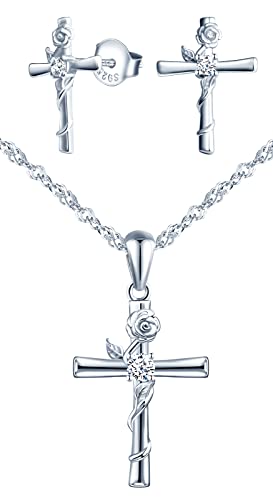 CPSLOVE Kreuz Halskette Ketten Ohrringe für Damen mädchen, 925 Silber Schmuck-Sets, Kreuz eingelegte rosen Halskette Anhänger, Kreuz-rosen Ohrringe, Zirkon, silber von CPSLOVE