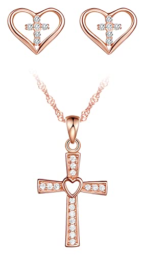 CPSLOVE Kreuz Halskette Ketten und Ohrringe für Damen und mädchen, 925 silber Schmuck-Sets, Kreuz-Herz Halskette anhänger und Kreuz-Herz Ohrringe, Eingelegter Zirkon, 45cm Kette, elegant, rose gold von CPSLOVE