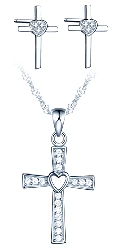 CPSLOVE Kreuz Halskette Ketten und Ohrringe für Damen und mädchen, 925 silber Schmuck-Sets, Kreuz-Herz Halskette anhänger und Kreuz-Herz Ohrringe, Eingelegter Zirkon, 45cm Kette, elegant, silber von CPSLOVE