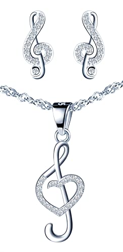 CPSLOVE Musiknote Halskette Ketten und Ohrringe für Damen und mädchen, 925 silber Schmuck-Sets, Musiknote Halskette anhänger und Musiknote Ohrringe, Eingelegter Zirkon, 45cm Kette, elegant, silber von CPSLOVE