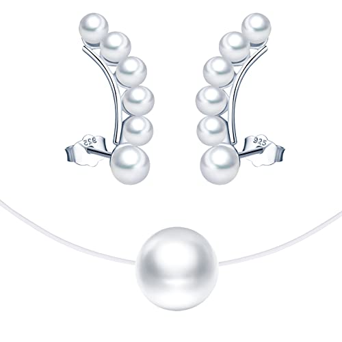 CPSLOVE Perlen Halskette Ketten und Ohrringe für Damen und mädchen, 925 silber Schmuck-Sets, Perlen Halsband choker Mit transparenter Angelschnurkette, Perlen Ohrklemme Ohrringe Ohrschmuck, silber von CPSLOVE