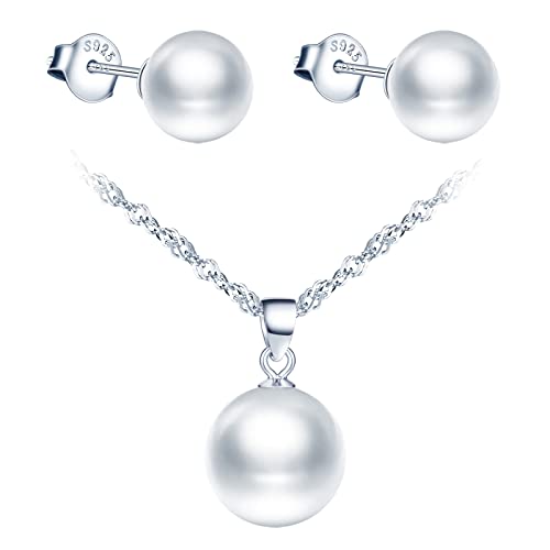 CPSLOVE Perlen Halskette Ketten und Ohrringe für Damen und mädchen, 925 silber Schmuck-Sets, Süßwasser-Zucht Perlen Halskette Anhänger mit 45cm Kette, Perlen Ohrringe Ohrstecker, silber von CPSLOVE