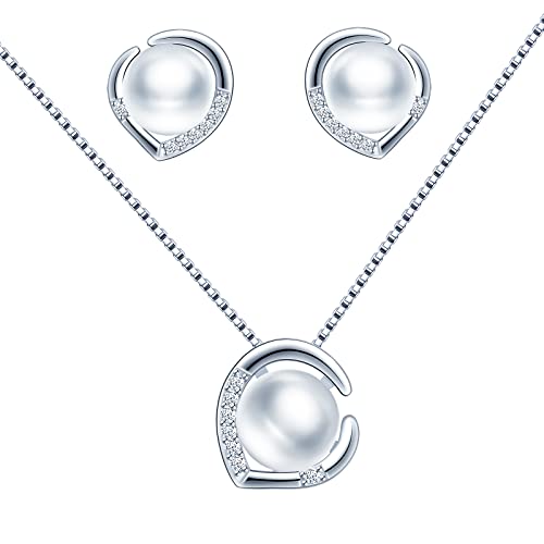 CPSLOVE Perlen Halskette und Ohrringe für Damen Mädchen, 925 Silber Schmuck-Sets, Elegante Perlen Ketten Anhänger, Herz Perlen Ohrringe, Eingelegter Zirkon von CPSLOVE
