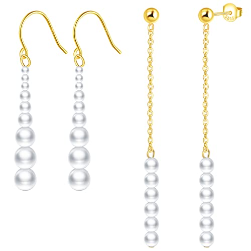 CPSLOVE Perlen Ohrringe Damen 925 Sterling Silber Elegant Ohrhänger Gold Ohrringe PerlenOhrringe Sets Hängend Tropfen Perlenohrringe für Mädchen 2-7mm Perlen von CPSLOVE