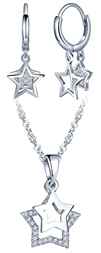 CPSLOVE Sterne Halskette Anhänger und Ohrringe für Damen mädchen, 925 Silber Schmuck-Sets, Glänzende Sterne Ketten, Sterne Creolen Ohrschmuck, Eingelegter Zirkon, Silber von CPSLOVE