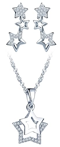 CPSLOVE Sterne Halskette Anhänger und Ohrringe für Damen mädchen, 925 Silber Schmuck-Sets, Glänzende Sterne Ketten, Sterne Ohrringe, Eingelegter Zirkon, Silber von CPSLOVE