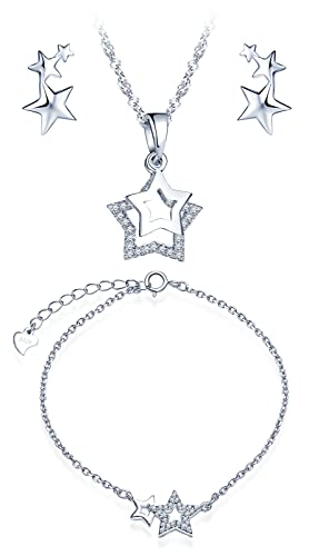 CPSLOVE klassisch Sterne Halskette Armbänder und Ohrringe für Damen mädchen, 925 Silber Schmuck-Sets, Silber Sterne Ketten Anhänger Armband Ohrschmuck, Eingelegter Zirkon von CPSLOVE