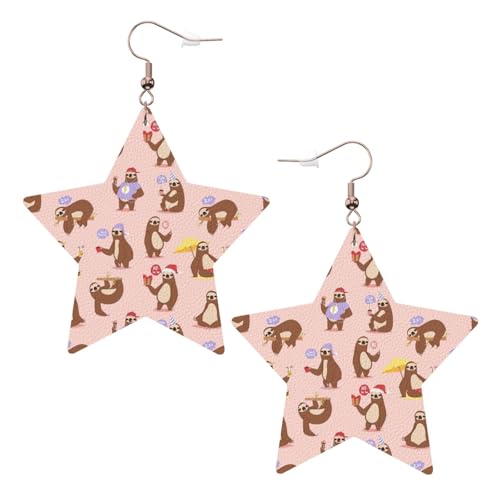 Weiße trendige Leder-Stern-Ohrringe für Frauen – leichter, niedlicher Faultier-Druck, baumelnder Schmuck, Partygeschenke und Dekorationen, Einheitsgröße, Leder von CPyuqw