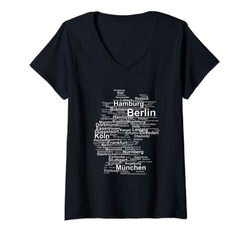 Damen Deutschland Karte Umriss Städte Berlin Hamburg München Köln T-Shirt mit V-Ausschnitt von CQ Deutschland Design