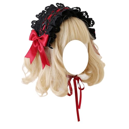 Mode Haarnadel Damen Lolita Stirnband Schwarz Spitze Maid Haarband Haarschmuck Mädchen Gothic Kopfschmuck for Cosplay Kostüm Party(Red) von CQCQC