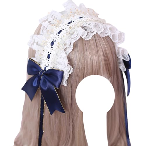 Mode Haarnadel Mädchen Spitze Lolita Stirnband Band Schleife Maid Kopfbedeckungen Anime Cosplay Haar Zubehör for Geburtstagsgeschenke(Navy Blue) von CQCQC