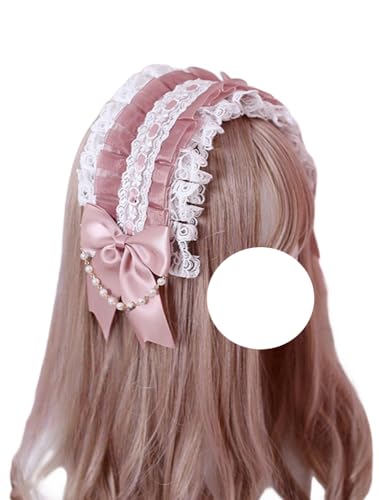 Mode Haarnadel Schleife Spitze Stirnband Lolita Mode Maid Haarband Perlenketten Kopfschmuck Mädchen Lolita Kleid Haarschmuck(Bean Pink) von CQCQC