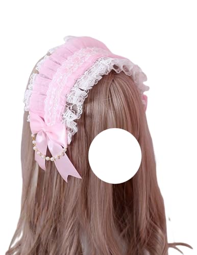 Mode Haarnadel Schleife Spitze Stirnband Lolita Mode Maid Haarband Perlenketten Kopfschmuck Mädchen Lolita Kleid Haarschmuck(Light Pink) von CQCQC