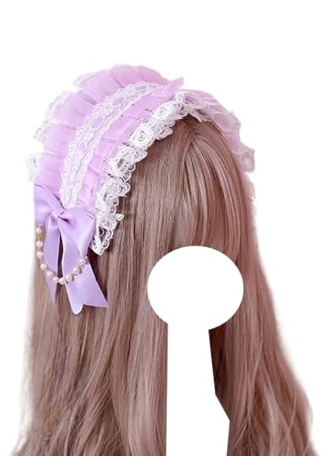Mode Haarnadel Schleife Spitze Stirnband Lolita Mode Maid Haarband Perlenketten Kopfschmuck Mädchen Lolita Kleid Haarschmuck(Light Purple) von CQCQC