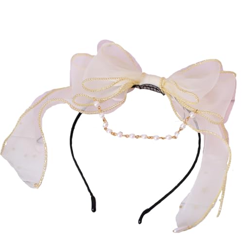 Modische Haarnadel, Lolita-Bogen-Stirnband, großer Schleife-Kopf-Reifen mit Perlenketten, Lolita-Haarschmuck for Mädchen-Kostümparty(Beige) von CQCQC