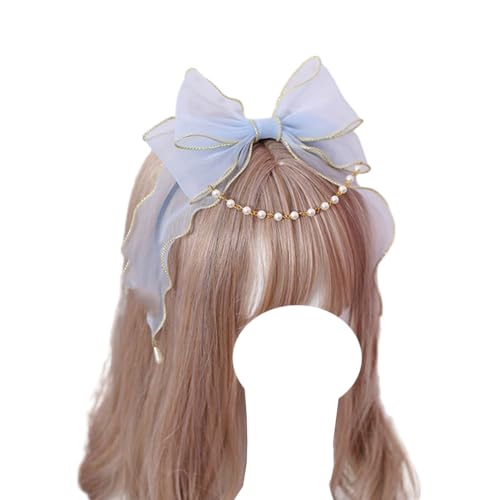 Modische Haarnadel, Lolita-Bogen-Stirnband, großer Schleife-Kopf-Reifen mit Perlenketten, Lolita-Haarschmuck for Mädchen-Kostümparty(Blue) von CQCQC