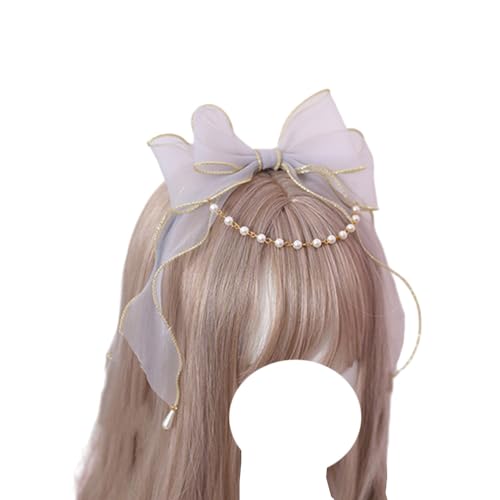 Modische Haarnadel, Lolita-Bogen-Stirnband, großer Schleife-Kopf-Reifen mit Perlenketten, Lolita-Haarschmuck for Mädchen-Kostümparty(Gray) von CQCQC