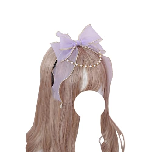 Modische Haarnadel, Lolita-Bogen-Stirnband, großer Schleife-Kopf-Reifen mit Perlenketten, Lolita-Haarschmuck for Mädchen-Kostümparty(Purple) von CQCQC
