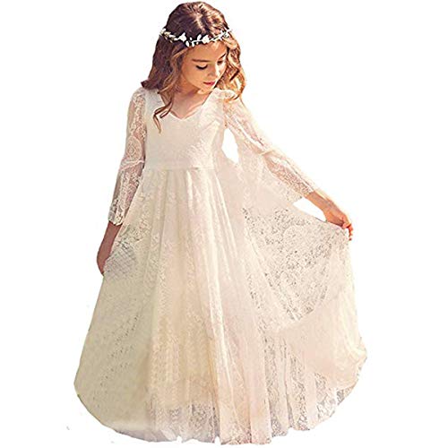 CQDY Mädchen Prinzessin Kleid Spitzen Blumenmädchen Kleid Festkleid,12-13 Jahre, Elfenbein von CQDY