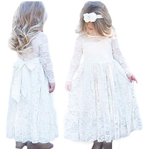CQDY Prinzessin Spitzenkleid für Mädchen Hochzeit Blumen Kleid Partykleid mit großen Bogen, Elfenbein, 12-13 Jahre von CQDY