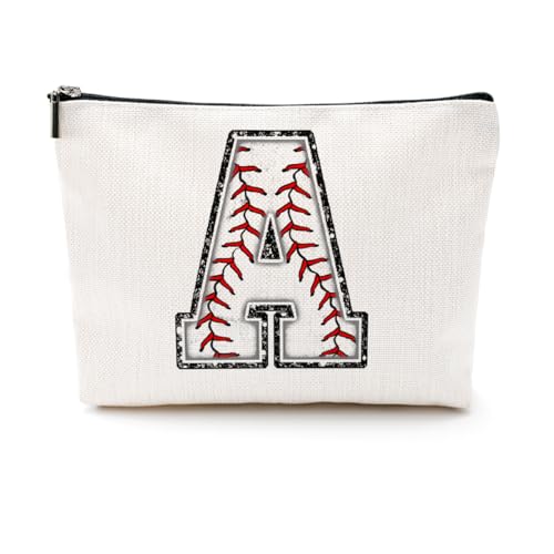 Softball-Geschenktasche mit Initiale, Monogramm-Buchstabe A-Z, Kosmetiktasche für Mädchen, Frauen, Softballspieler, Trainerliebhaber, Weiss/opulenter Garten, 9.6 x 7.4 inches, A von CQM