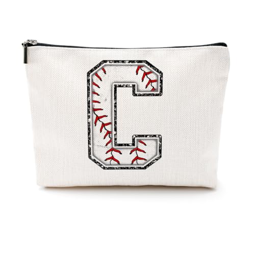 Softball-Geschenktasche mit Initiale, Monogramm-Buchstabe A-Z, Kosmetiktasche für Mädchen, Frauen, Softballspieler, Trainerliebhaber, Weiss/opulenter Garten, 9.6 x 7.4 inches, C von CQM