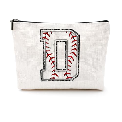 Softball-Geschenktasche mit Initiale, Monogramm-Buchstabe A-Z, Kosmetiktasche für Mädchen, Frauen, Softballspieler, Trainerliebhaber, Weiss/opulenter Garten, 9.6 x 7.4 inches, D von CQM