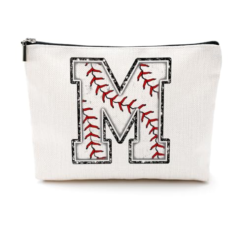 Softball-Geschenktasche mit Initiale, Monogramm-Buchstabe A-Z, Kosmetiktasche für Mädchen, Frauen, Softballspieler, Trainerliebhaber, Weiss/opulenter Garten, 9.6 x 7.4 inches, Größe M: von CQM