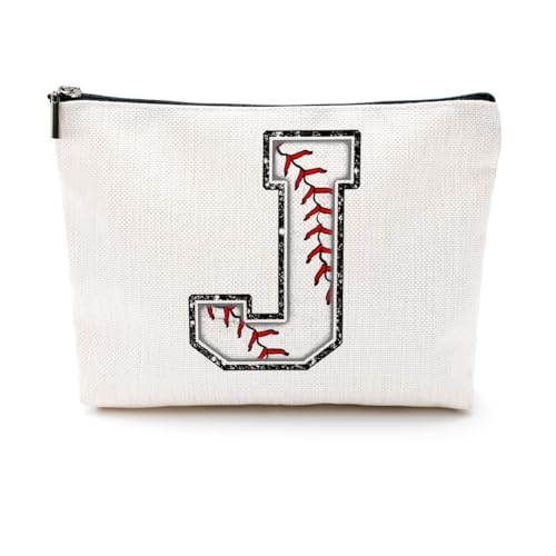 Softball-Geschenktasche mit Initiale, Monogramm-Buchstabe A-Z, Kosmetiktasche für Mädchen, Frauen, Softballspieler, Trainerliebhaber, Weiss/opulenter Garten, 9.6 x 7.4 inches, J von CQM