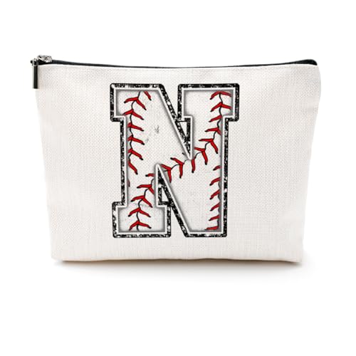 Softball-Geschenktasche mit Initiale, Monogramm-Buchstabe A-Z, Kosmetiktasche für Mädchen, Frauen, Softballspieler, Trainerliebhaber, Weiss/opulenter Garten, 9.6 x 7.4 inches, N von CQM