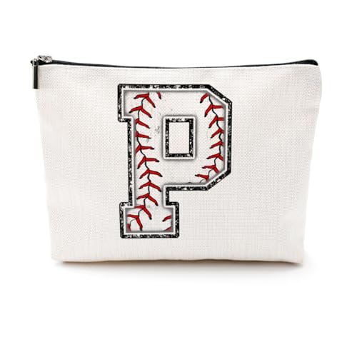 Softball-Geschenktasche mit Initiale, Monogramm-Buchstabe A-Z, Kosmetiktasche für Mädchen, Frauen, Softballspieler, Trainerliebhaber, Weiss/opulenter Garten, 9.6 x 7.4 inches, P von CQM