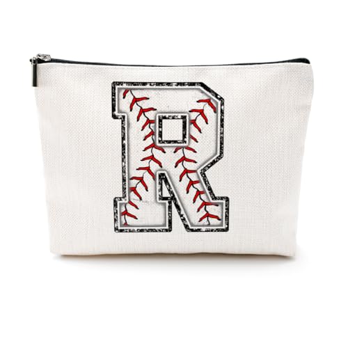 Softball-Geschenktasche mit Initiale, Monogramm-Buchstabe A-Z, Kosmetiktasche für Mädchen, Frauen, Softballspieler, Trainerliebhaber, Weiss/opulenter Garten, 9.6 x 7.4 inches, R von CQM