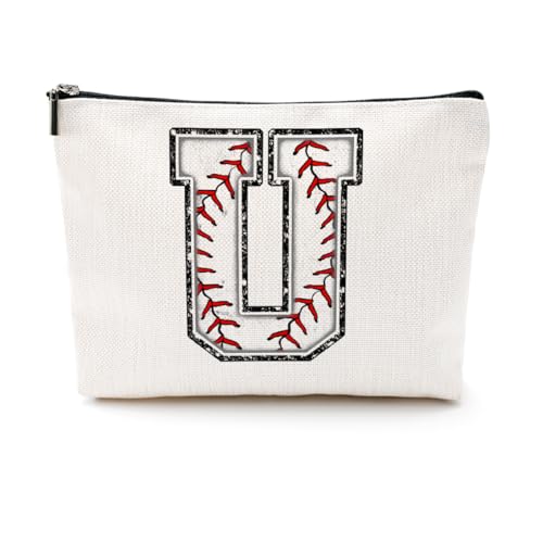 Softball-Geschenktasche mit Initiale, Monogramm-Buchstabe A-Z, Kosmetiktasche für Mädchen, Frauen, Softballspieler, Trainerliebhaber, Weiss/opulenter Garten, 9.6 x 7.4 inches, U von CQM