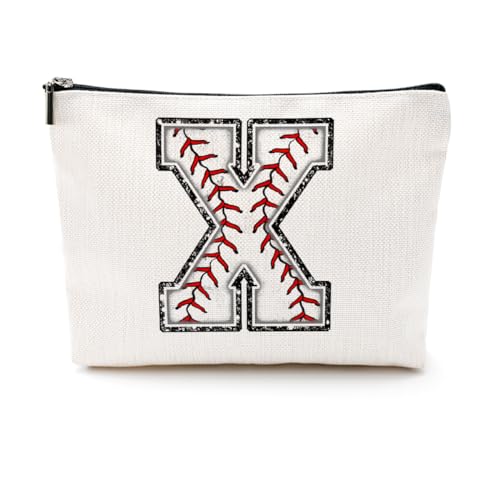 Softball-Geschenktasche mit Initiale, Monogramm-Buchstabe A-Z, Kosmetiktasche für Mädchen, Frauen, Softballspieler, Trainerliebhaber, Weiss/opulenter Garten, 9.6 x 7.4 inches, X von CQM