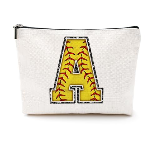 Softball-Geschenktasche mit Initiale, Monogramm-Buchstabe A-Z, Kosmetiktasche für Mädchen, Frauen, Softballspieler, Trainerliebhaber, gelb, 9.6 x 7.4 inches, A von CQM