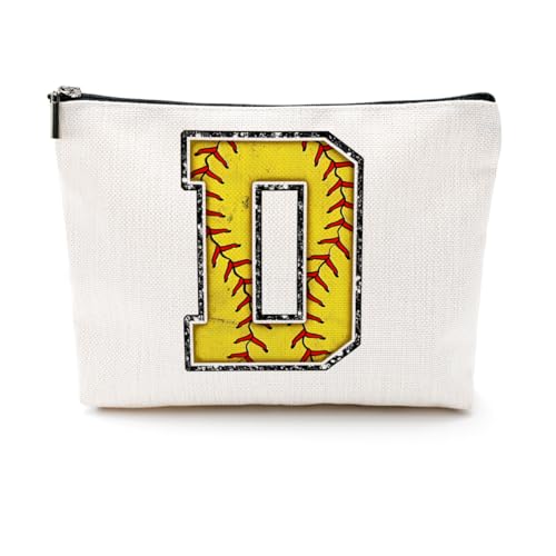 Softball-Geschenktasche mit Initiale, Monogramm-Buchstabe A-Z, Kosmetiktasche für Mädchen, Frauen, Softballspieler, Trainerliebhaber, gelb, 9.6 x 7.4 inches, D von CQM