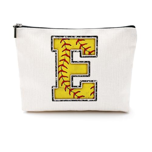 Softball-Geschenktasche mit Initiale, Monogramm-Buchstabe A-Z, Kosmetiktasche für Mädchen, Frauen, Softballspieler, Trainerliebhaber, gelb, 9.6 x 7.4 inches, E von CQM