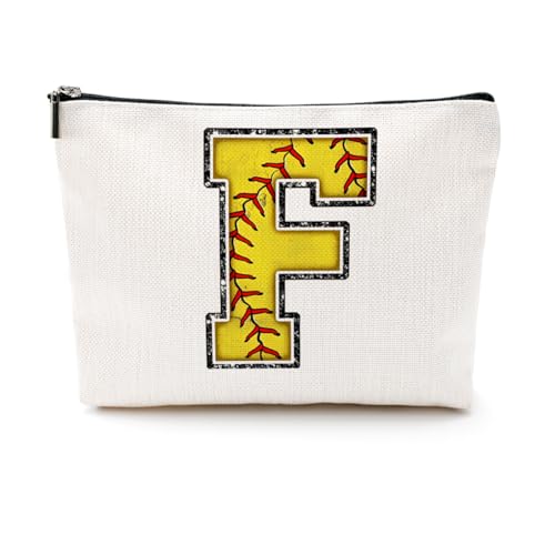 Softball-Geschenktasche mit Initiale, Monogramm-Buchstabe A-Z, Kosmetiktasche für Mädchen, Frauen, Softballspieler, Trainerliebhaber, gelb, 9.6 x 7.4 inches, F von CQM