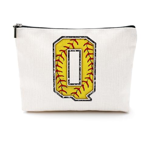 Softball-Geschenktasche mit Initiale, Monogramm-Buchstabe A-Z, Kosmetiktasche für Mädchen, Frauen, Softballspieler, Trainerliebhaber, gelb, 9.6 x 7.4 inches, Frage: von CQM