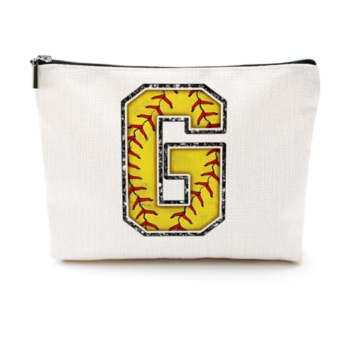 Softball-Geschenktasche mit Initiale, Monogramm-Buchstabe A-Z, Kosmetiktasche für Mädchen, Frauen, Softballspieler, Trainerliebhaber, gelb, 9.6 x 7.4 inches, G von CQM