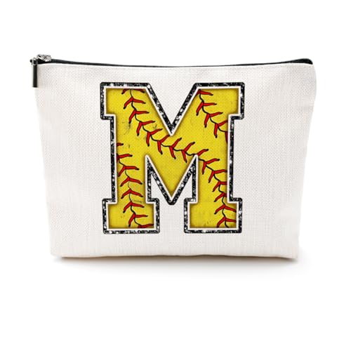 Softball-Geschenktasche mit Initiale, Monogramm-Buchstabe A-Z, Kosmetiktasche für Mädchen, Frauen, Softballspieler, Trainerliebhaber, gelb, 9.6 x 7.4 inches, Größe M: von CQM