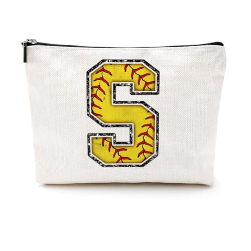 Softball-Geschenktasche mit Initiale, Monogramm-Buchstabe A-Z, Kosmetiktasche für Mädchen, Frauen, Softballspieler, Trainerliebhaber, gelb, 9.6 x 7.4 inches, Größe S: von CQM