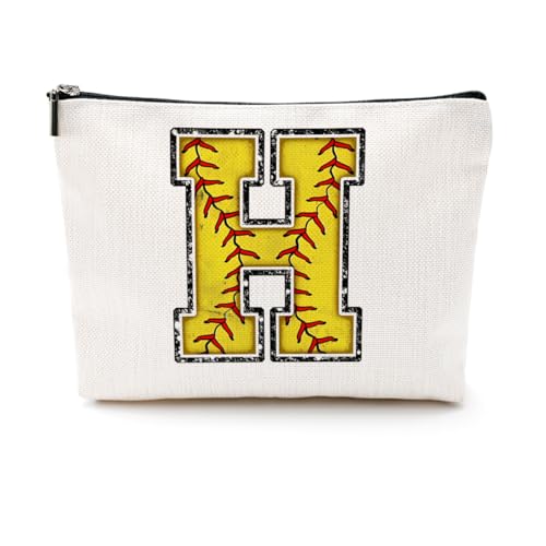 Softball-Geschenktasche mit Initiale, Monogramm-Buchstabe A-Z, Kosmetiktasche für Mädchen, Frauen, Softballspieler, Trainerliebhaber, gelb, 9.6 x 7.4 inches, Höhe: von CQM