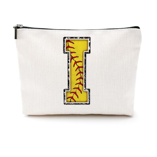 Softball-Geschenktasche mit Initiale, Monogramm-Buchstabe A-Z, Kosmetiktasche für Mädchen, Frauen, Softballspieler, Trainerliebhaber, gelb, 9.6 x 7.4 inches, I von CQM